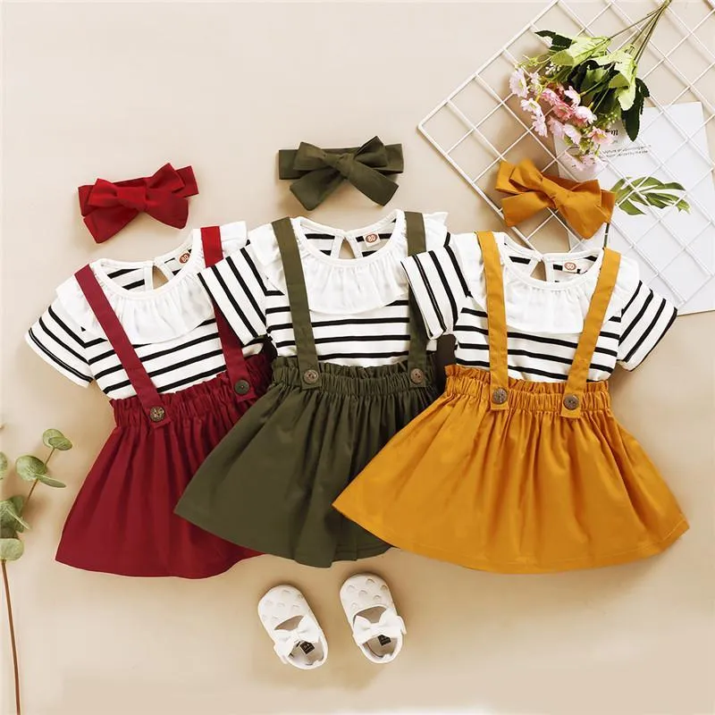 3-piece Striped T-shirt & Solid Dungarees & Headband for Toddler Girl Wholesale children's clothing