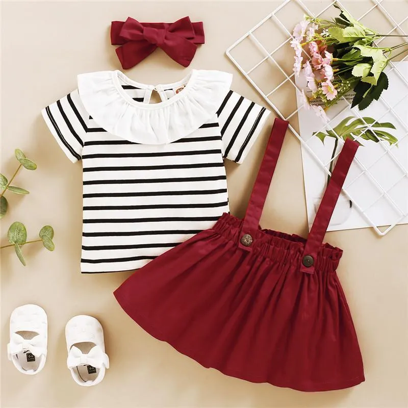 3-piece Striped T-shirt & Solid Dungarees & Headband for Toddler Girl Wholesale children's clothing