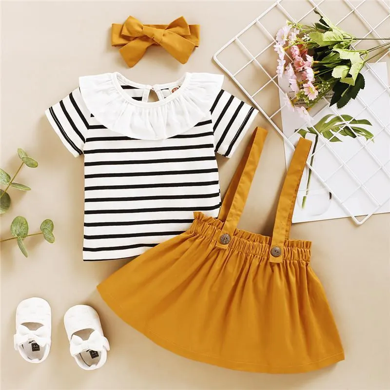 3-piece Striped T-shirt & Solid Dungarees & Headband for Toddler Girl Wholesale children's clothing