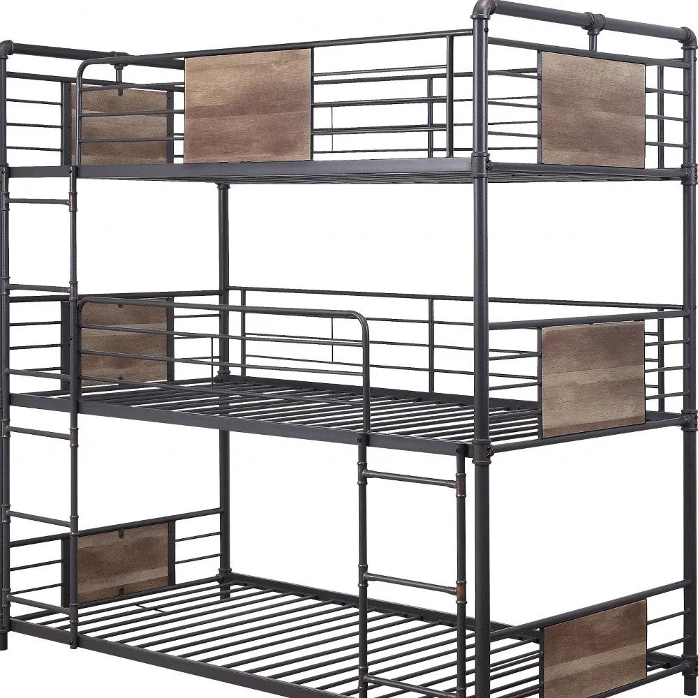 43 X 79 X 79 Sandy Black Dark Bronze Handbrushed Metal Wood Triple Bunk Bed  Twin