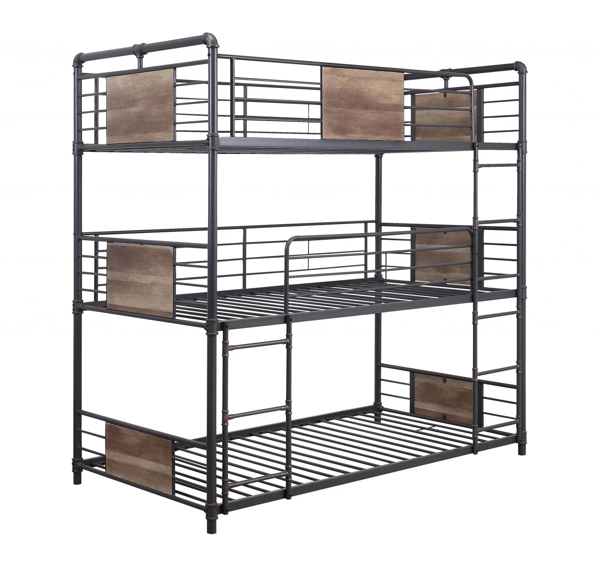 43 X 79 X 79 Sandy Black Dark Bronze Handbrushed Metal Wood Triple Bunk Bed  Twin