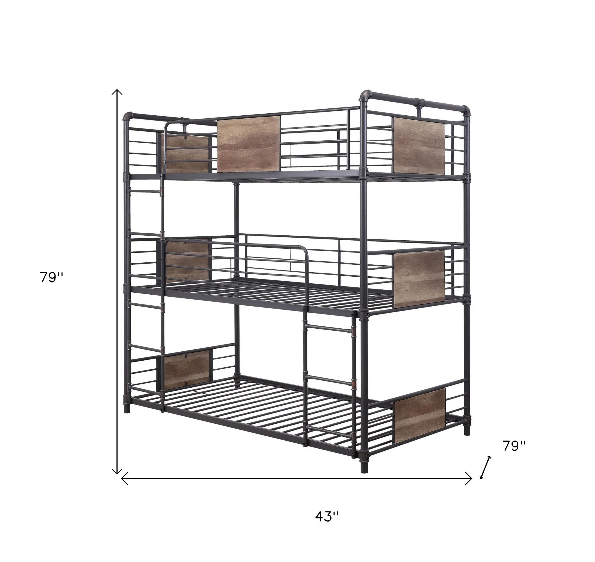 43 X 79 X 79 Sandy Black Dark Bronze Handbrushed Metal Wood Triple Bunk Bed  Twin