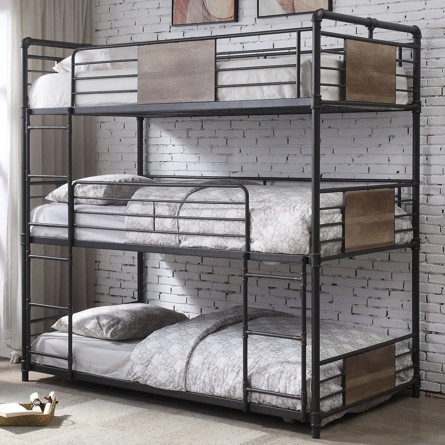 43 X 79 X 79 Sandy Black Dark Bronze Handbrushed Metal Wood Triple Bunk Bed  Twin