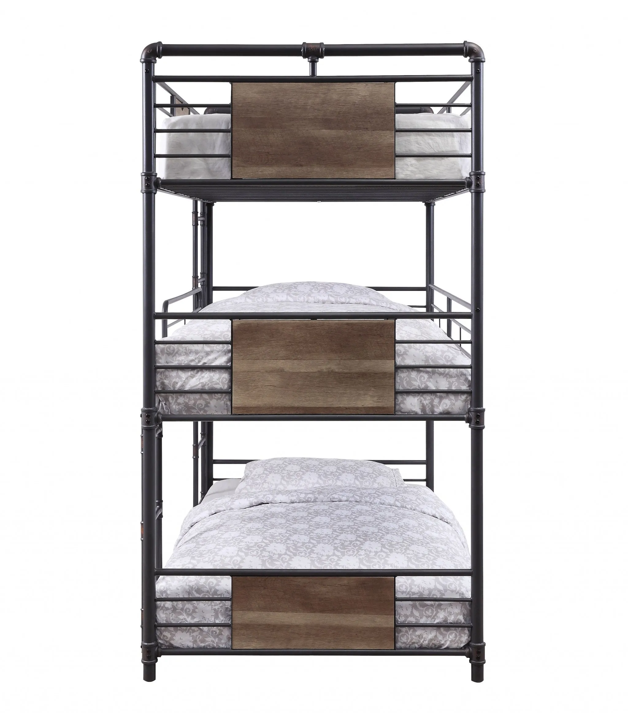 43 X 79 X 79 Sandy Black Dark Bronze Handbrushed Metal Wood Triple Bunk Bed  Twin