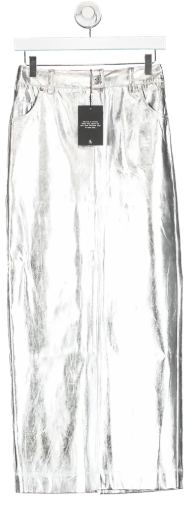 4th & Reckless Metallic Inessa - Silver Faux Leather Midaxi Skirt UK 8