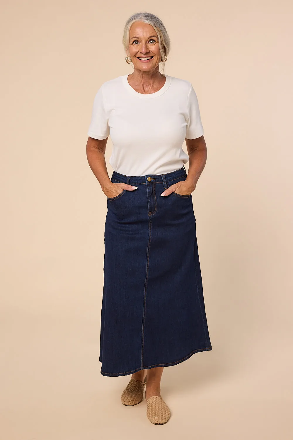 Adrift Denim A-Line Skirt in Dark Wash