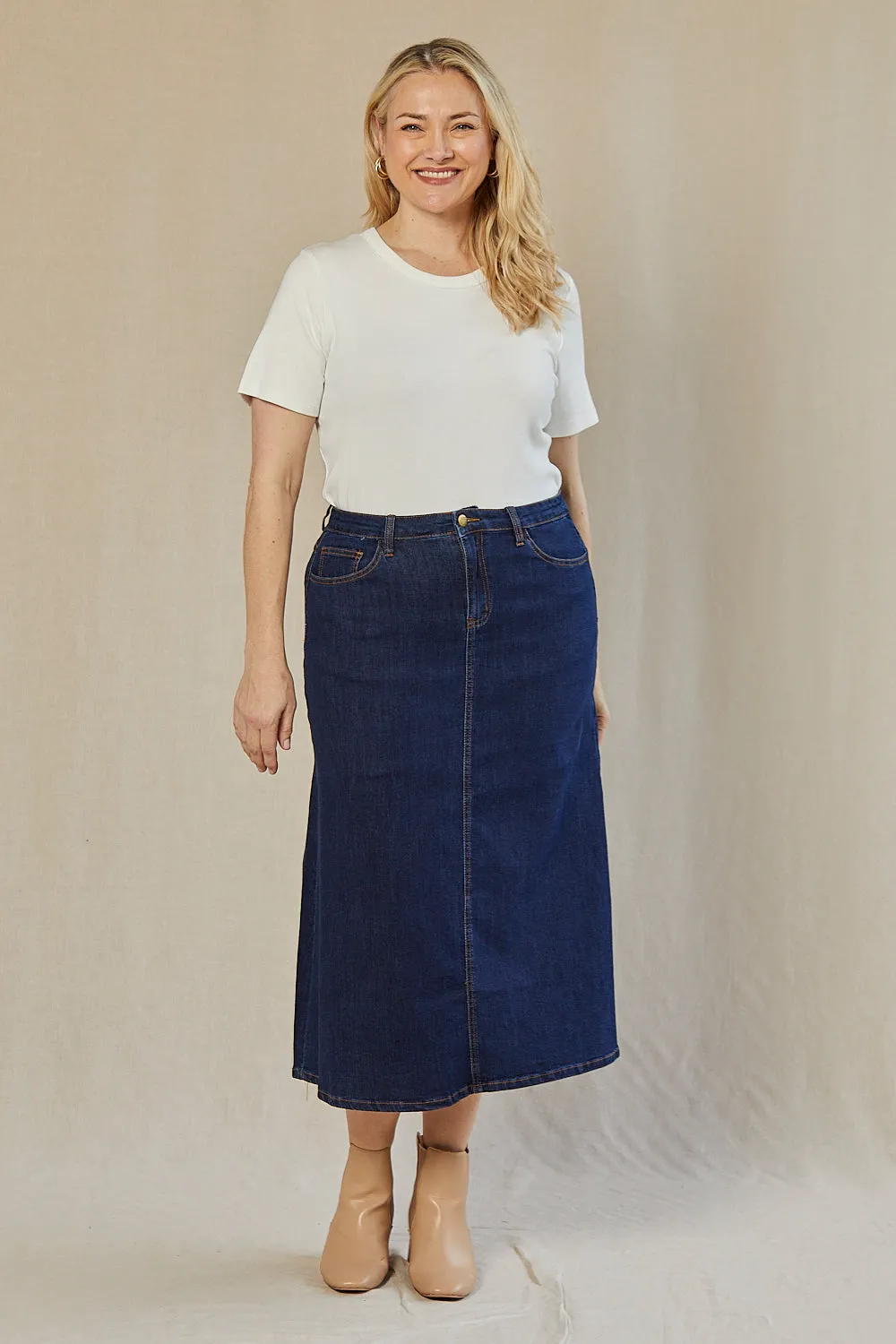 Adrift Denim A-Line Skirt in Mid Wash