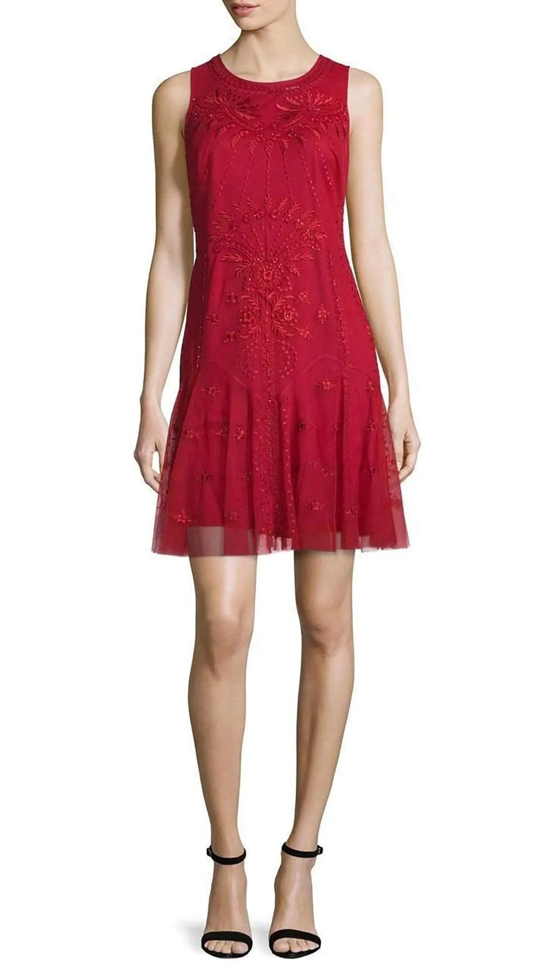 Aidan Mattox - 54473380 Embroidered Mesh Sleeveless Drop Waist Short Dress - 1  Pc Garnet in sizes 8 Available