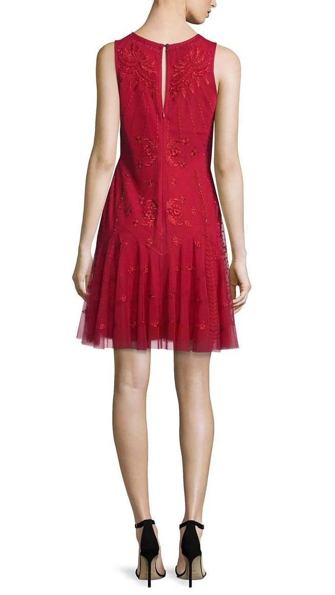 Aidan Mattox - 54473380 Embroidered Mesh Sleeveless Drop Waist Short Dress - 1  Pc Garnet in sizes 8 Available