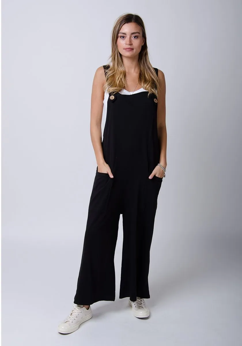 AMBER Loose Fit Jersey Dungarees - Black