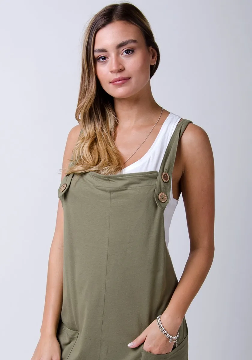 AMBER Loose Fit Jersey Dungarees - Khaki