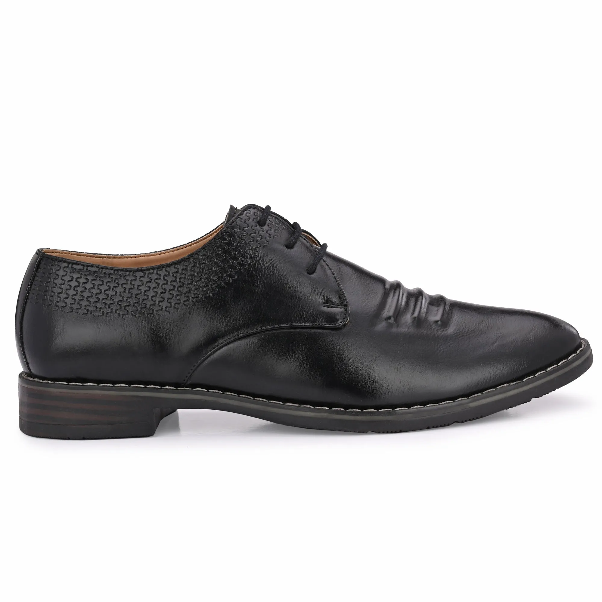 Attitudist Unisex Handcrafted Derby Black Formal Lace-up Shoes With Round Toe And Textured Vamp