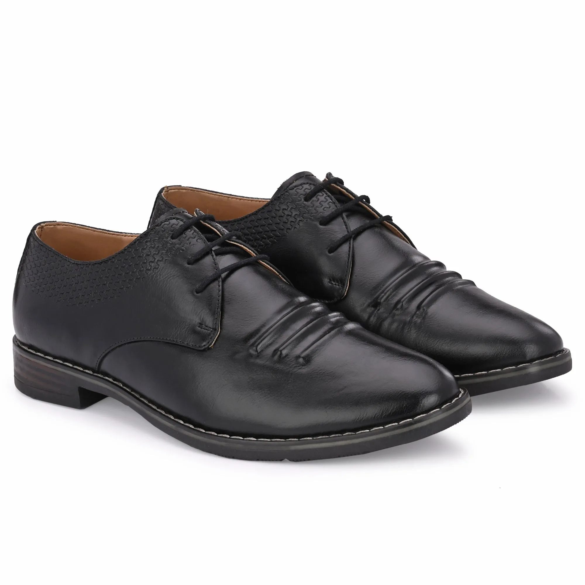 Attitudist Unisex Handcrafted Derby Black Formal Lace-up Shoes With Round Toe And Textured Vamp