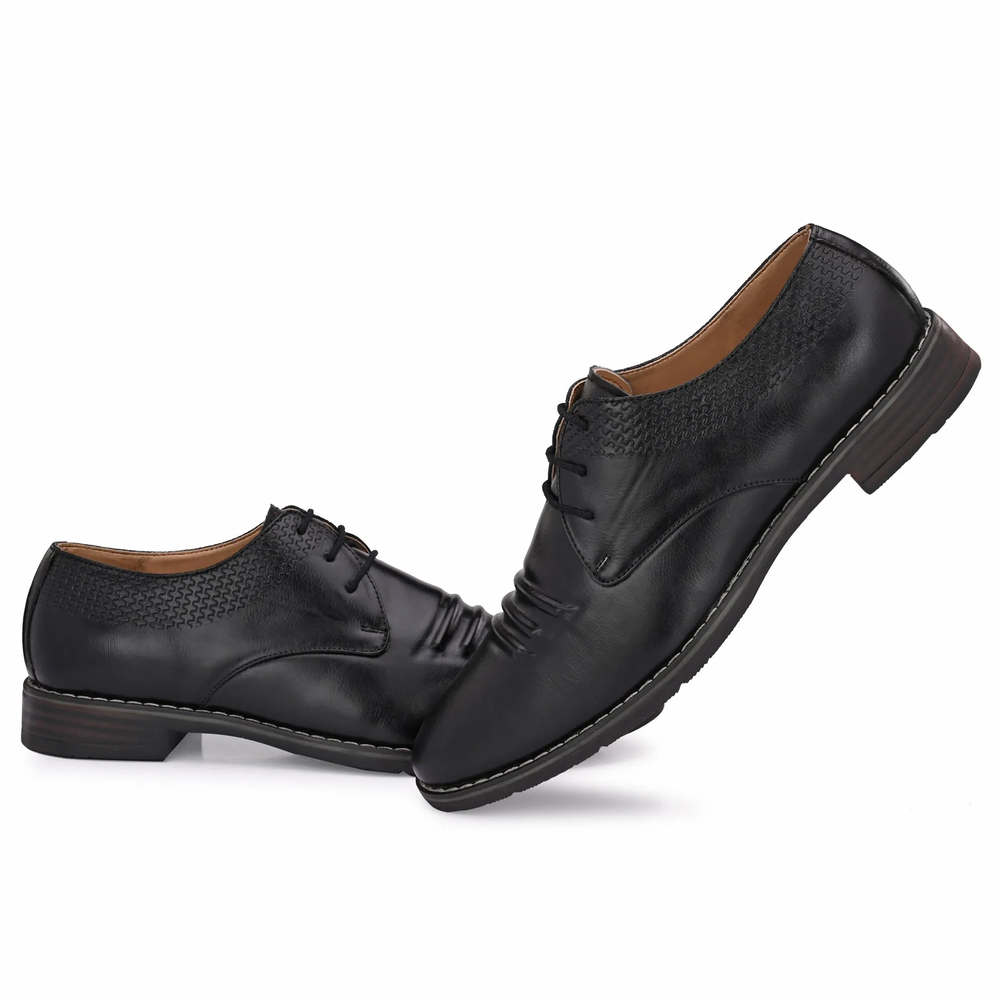 Attitudist Unisex Handcrafted Derby Black Formal Lace-up Shoes With Round Toe And Textured Vamp