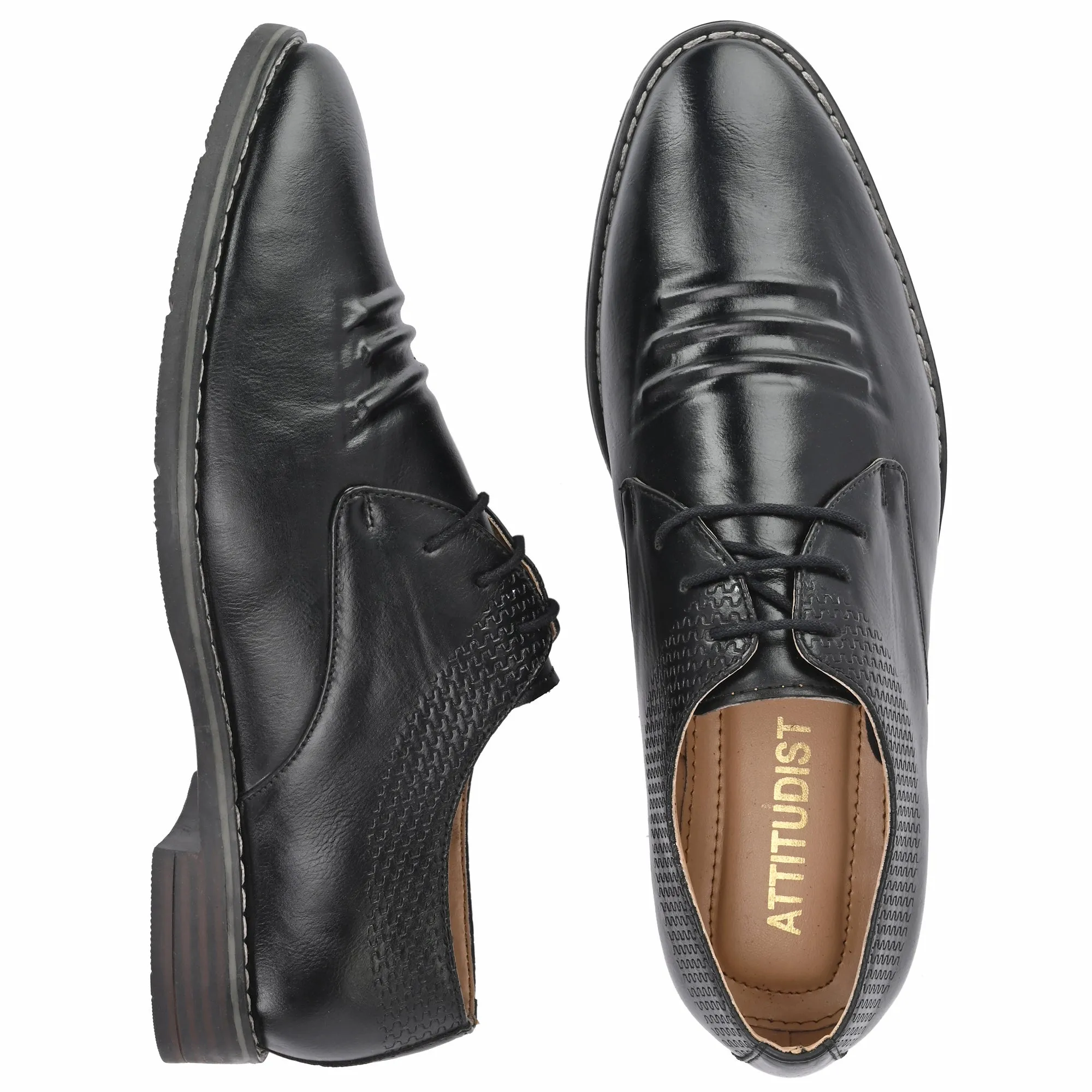 Attitudist Unisex Handcrafted Derby Black Formal Lace-up Shoes With Round Toe And Textured Vamp