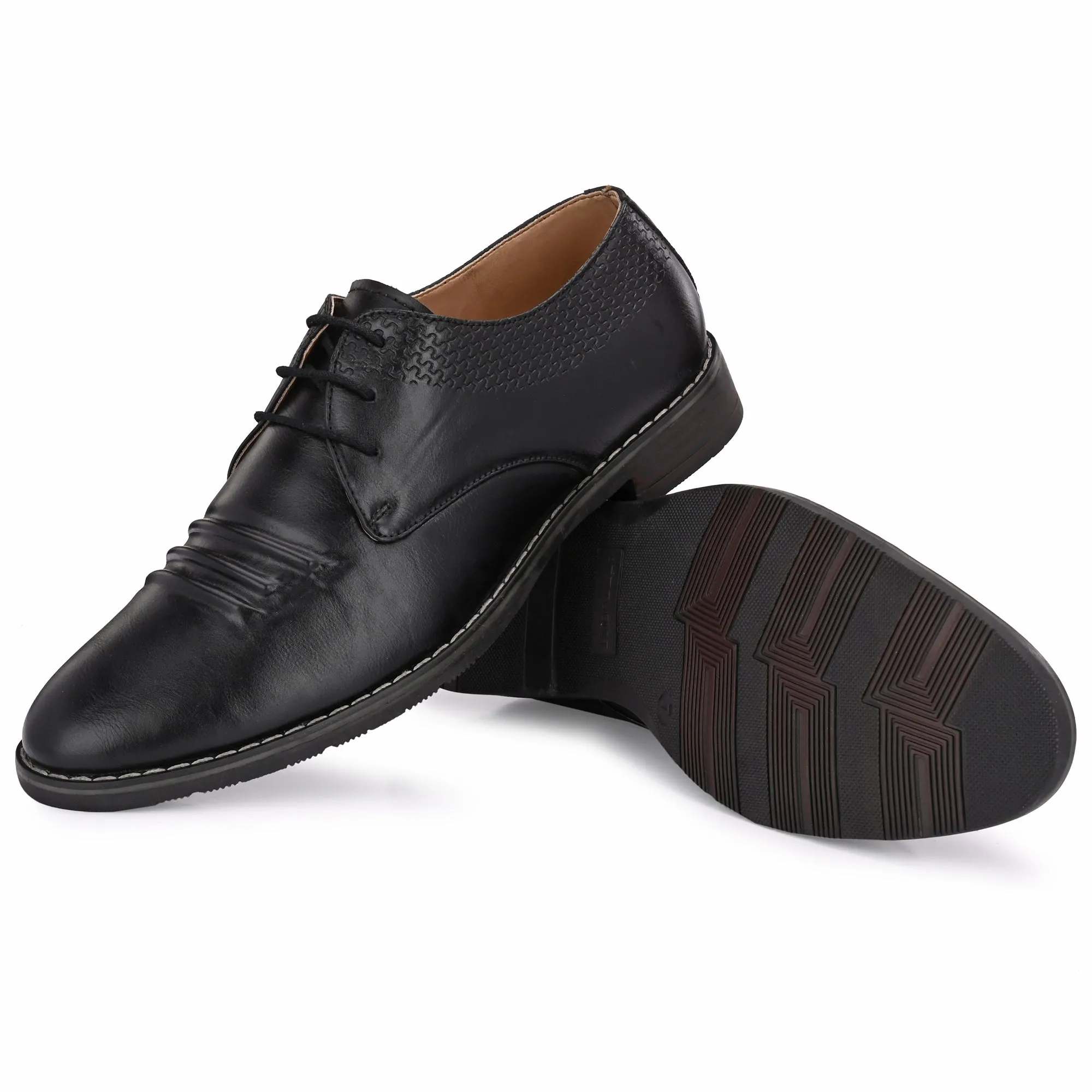 Attitudist Unisex Handcrafted Derby Black Formal Lace-up Shoes With Round Toe And Textured Vamp