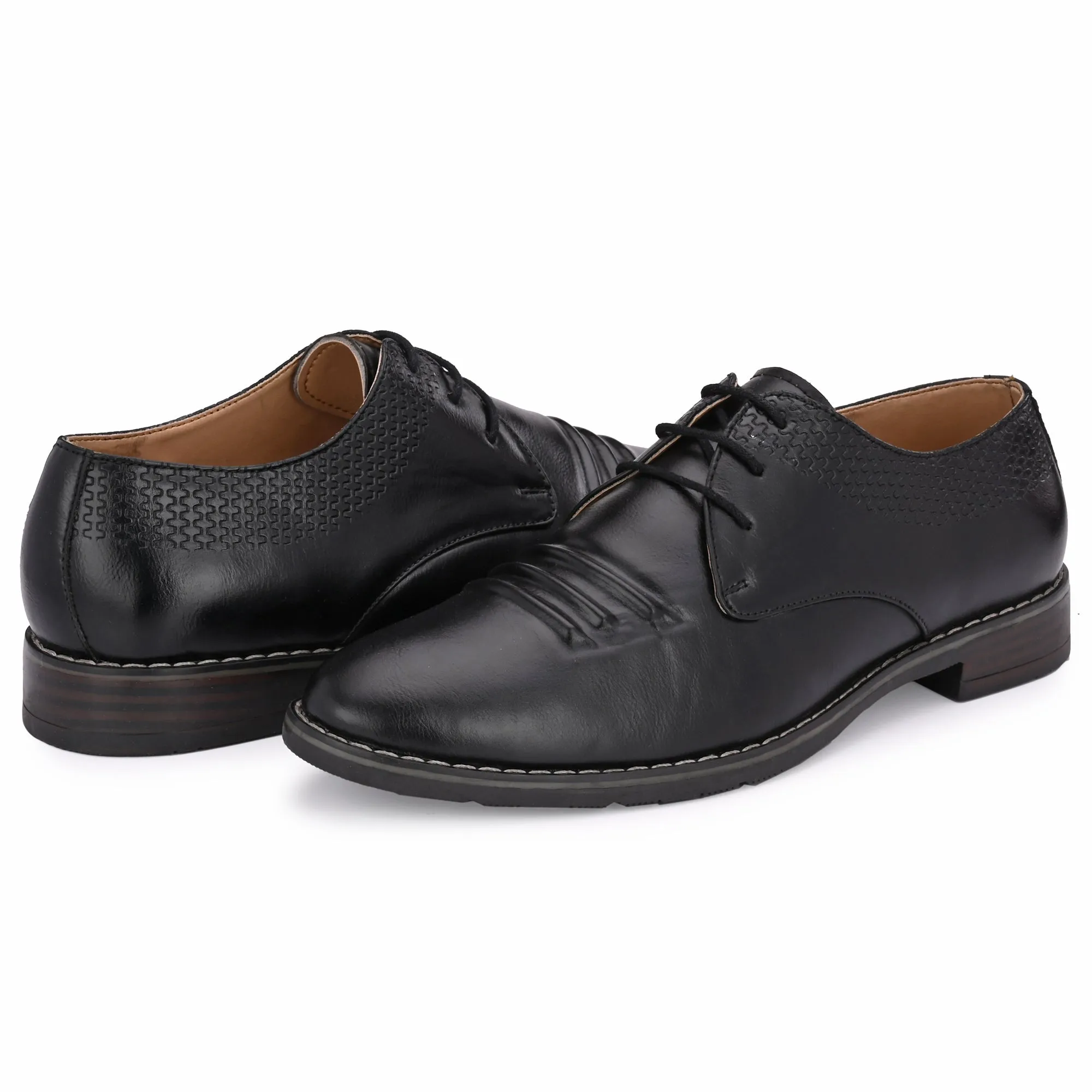 Attitudist Unisex Handcrafted Derby Black Formal Lace-up Shoes With Round Toe And Textured Vamp