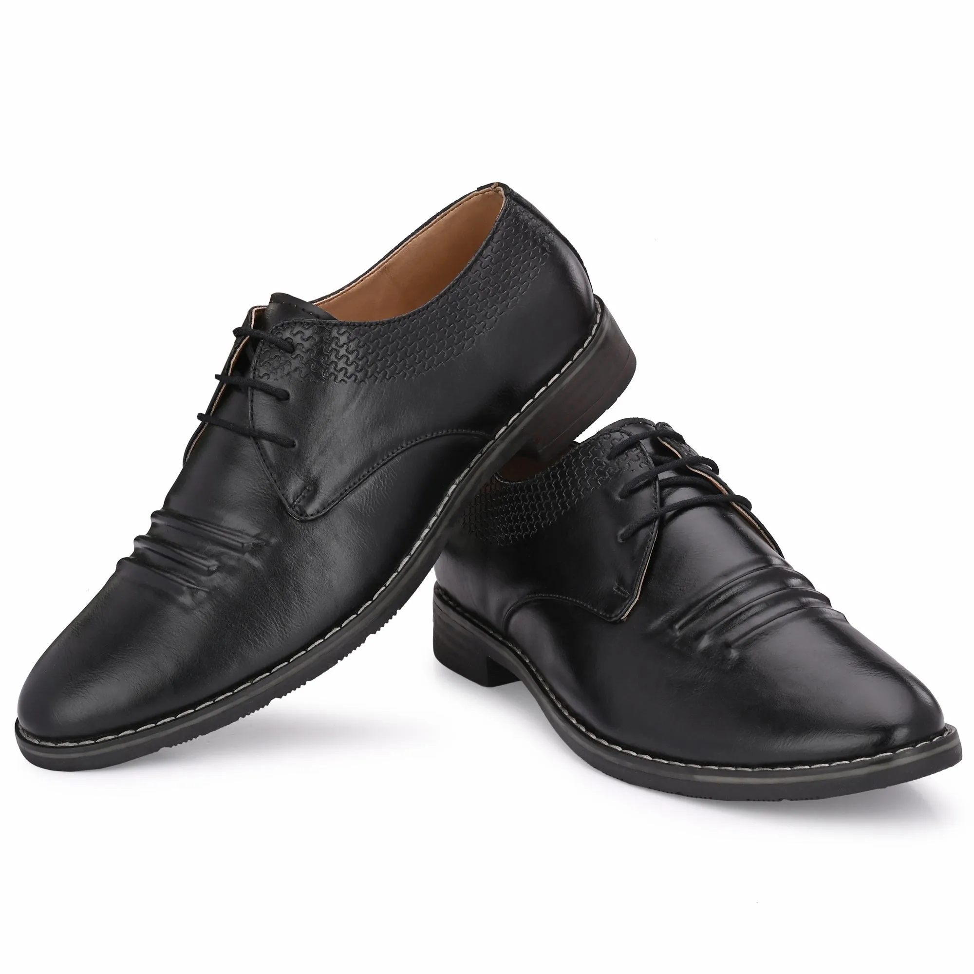 Attitudist Unisex Handcrafted Derby Black Formal Lace-up Shoes With Round Toe And Textured Vamp