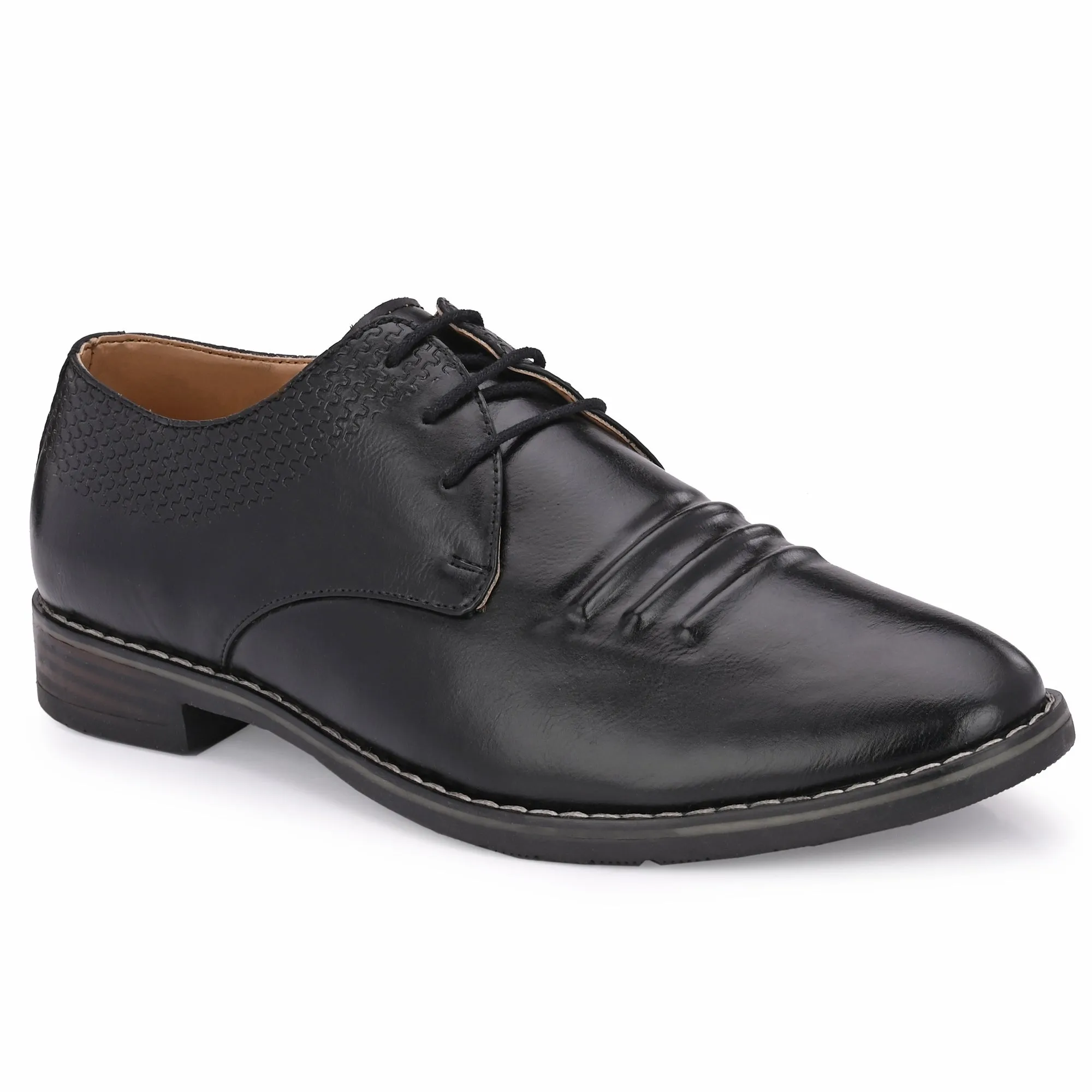 Attitudist Unisex Handcrafted Derby Black Formal Lace-up Shoes With Round Toe And Textured Vamp