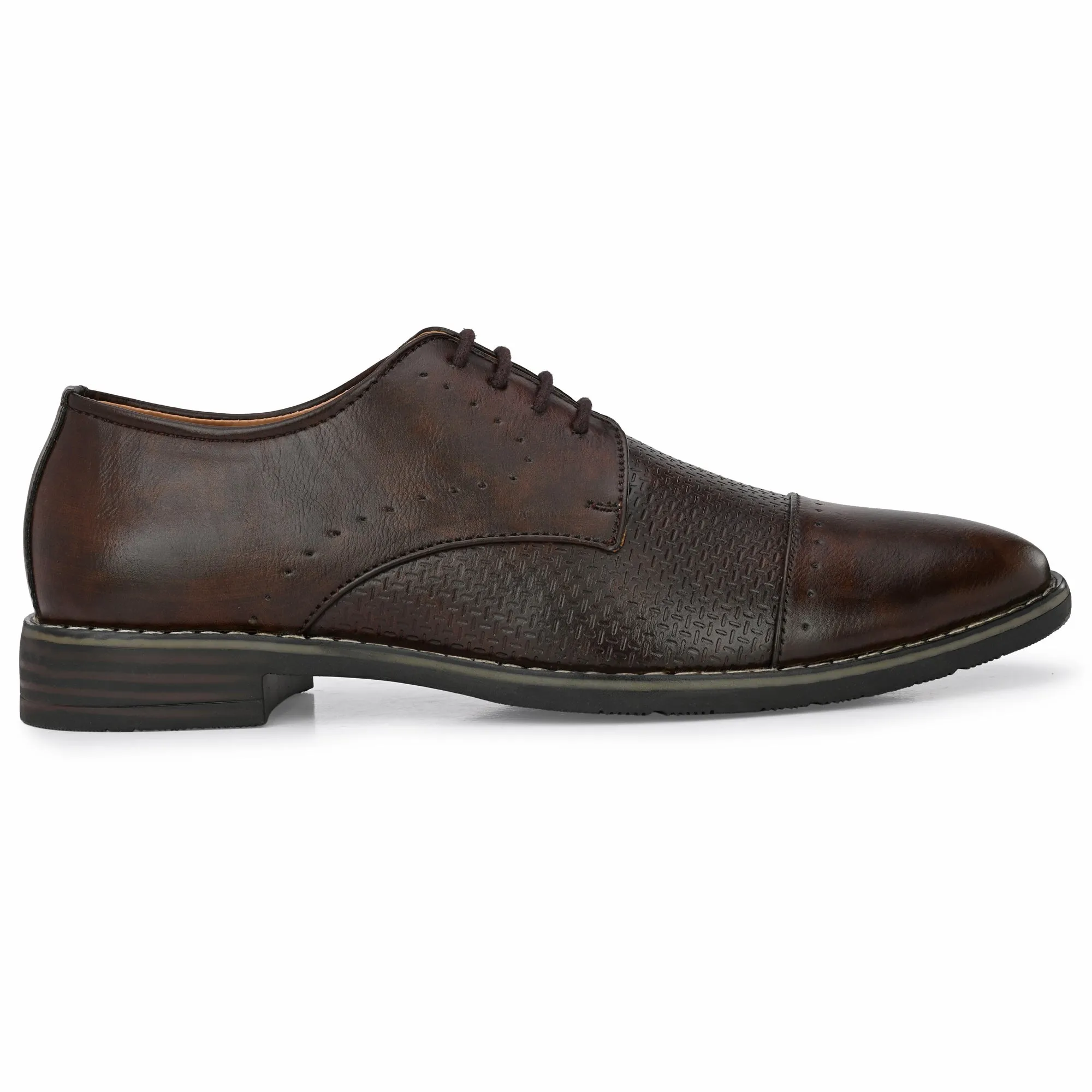 Attitudist Unisex Handcrafted Derby Matte Brown Formal Lace-up Shoes With Cap Toe And Textured Design