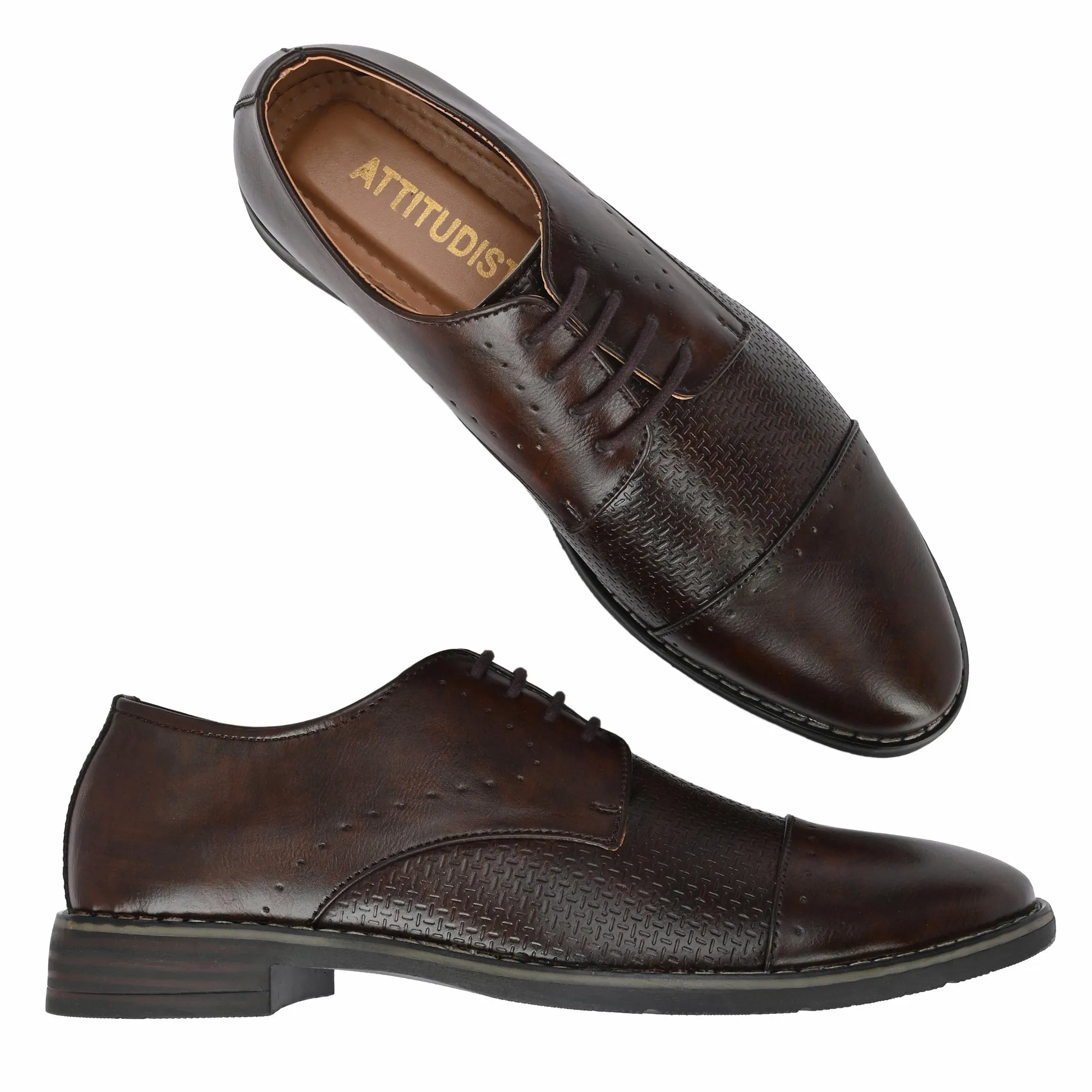 Attitudist Unisex Handcrafted Derby Matte Brown Formal Lace-up Shoes With Cap Toe And Textured Design