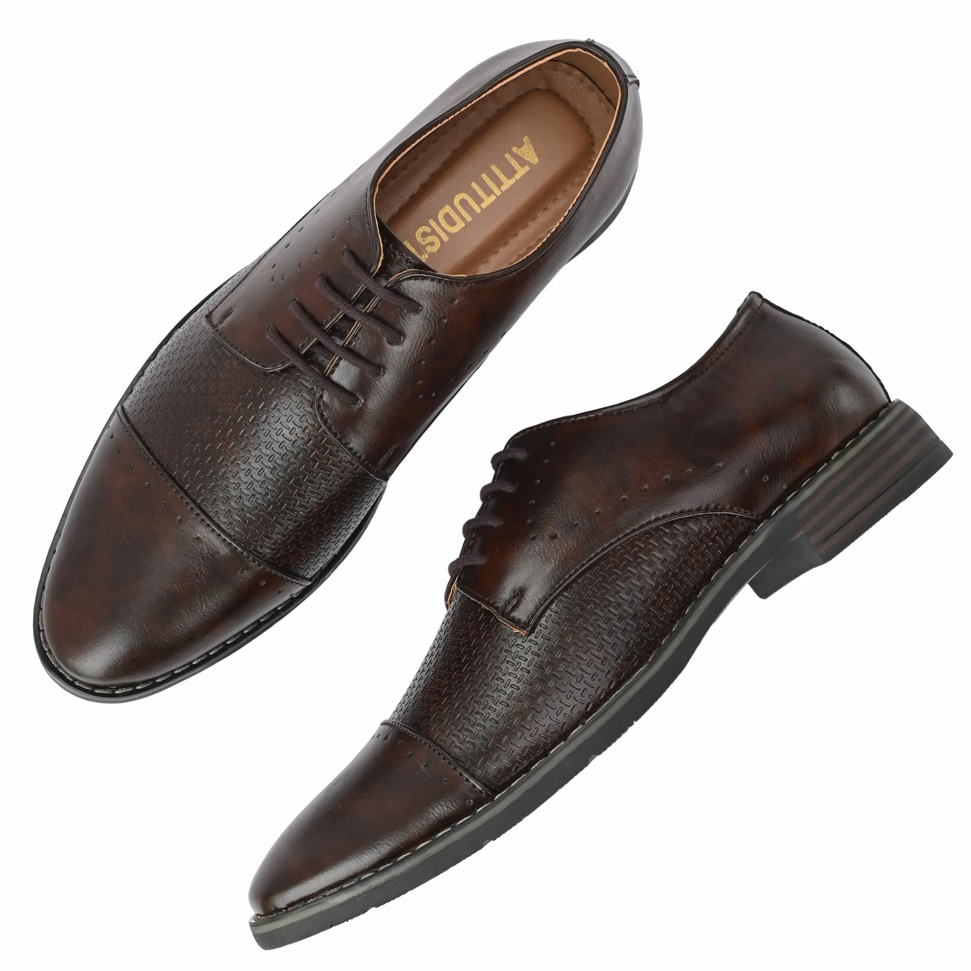 Attitudist Unisex Handcrafted Derby Matte Brown Formal Lace-up Shoes With Cap Toe And Textured Design