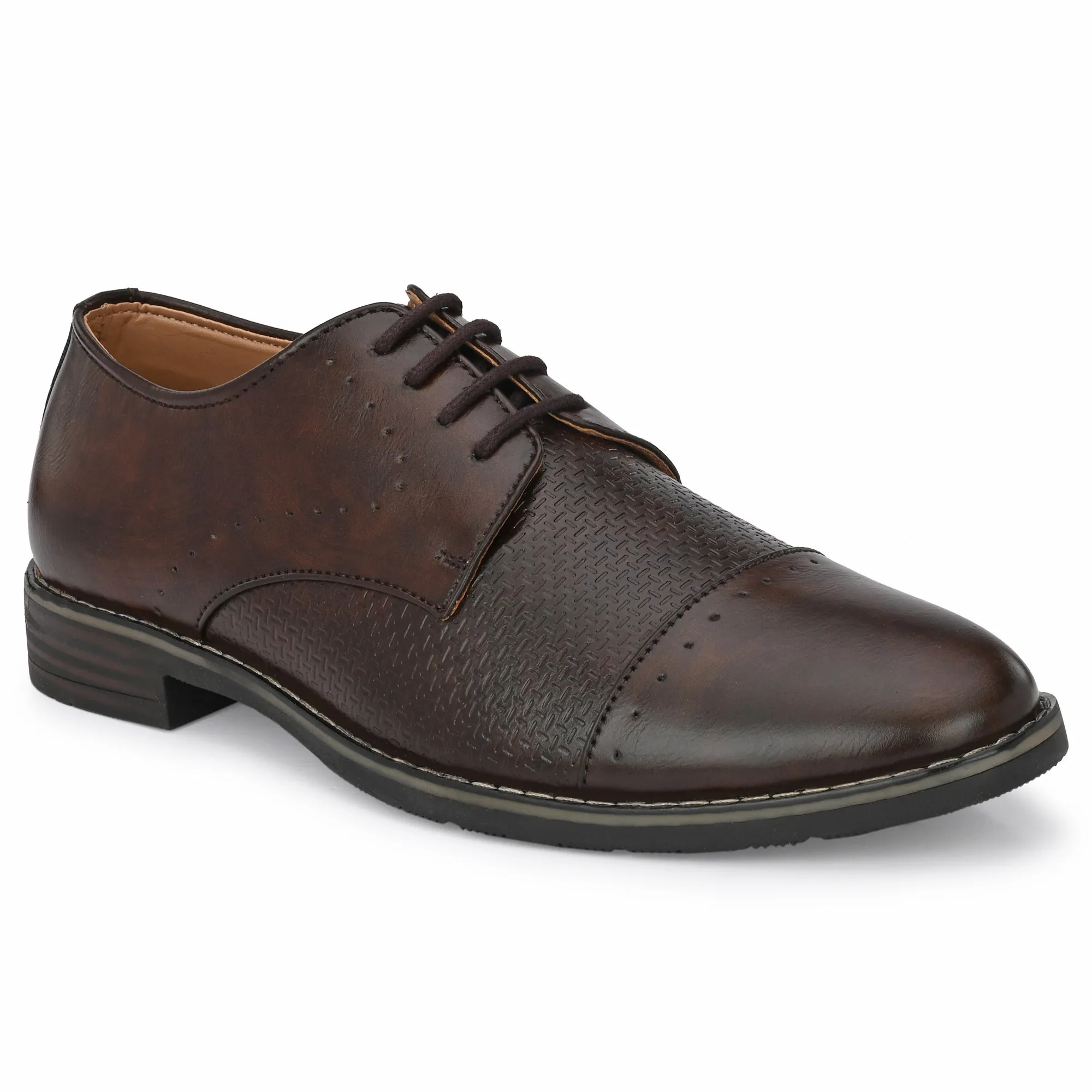 Attitudist Unisex Handcrafted Derby Matte Brown Formal Lace-up Shoes With Cap Toe And Textured Design