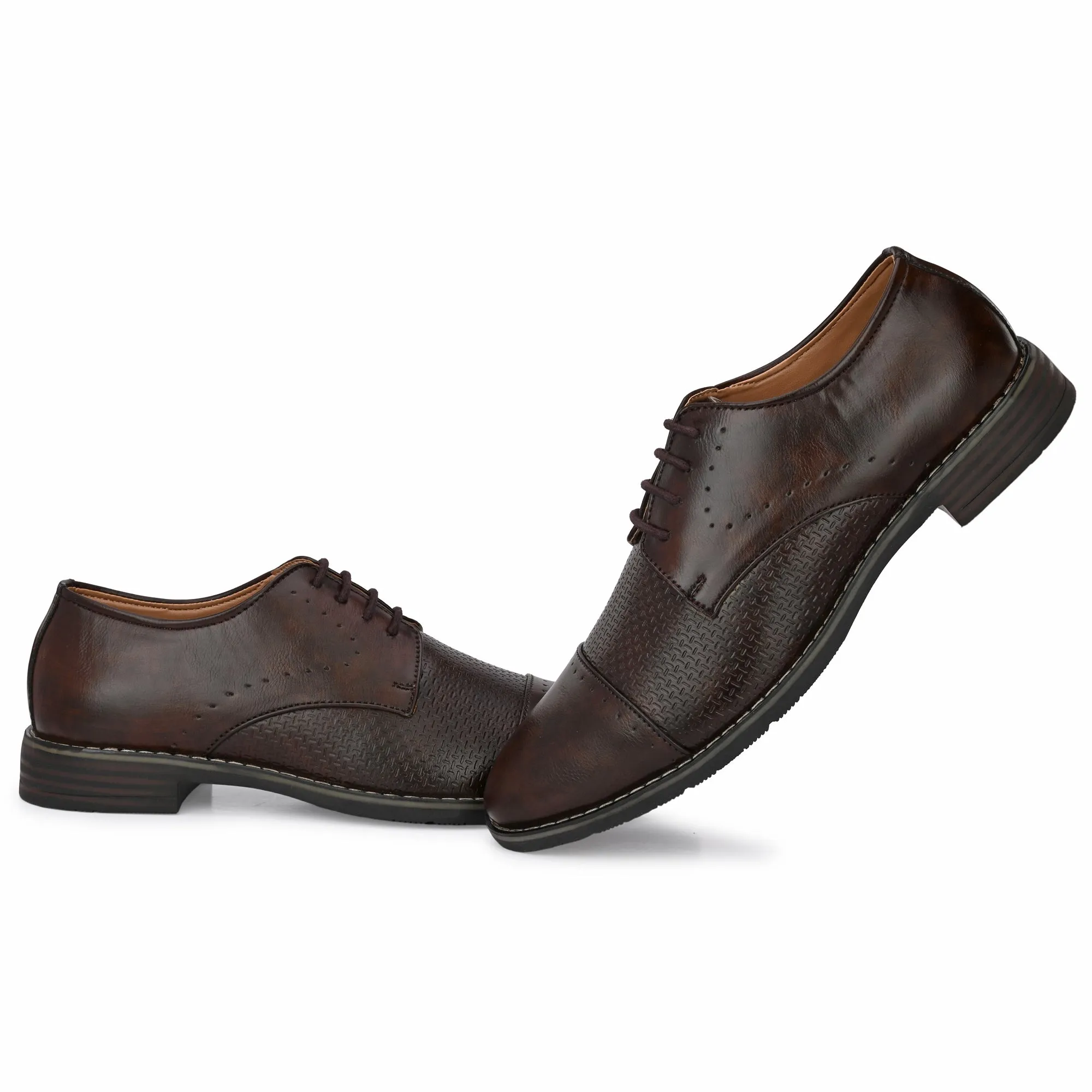 Attitudist Unisex Handcrafted Derby Matte Brown Formal Lace-up Shoes With Cap Toe And Textured Design