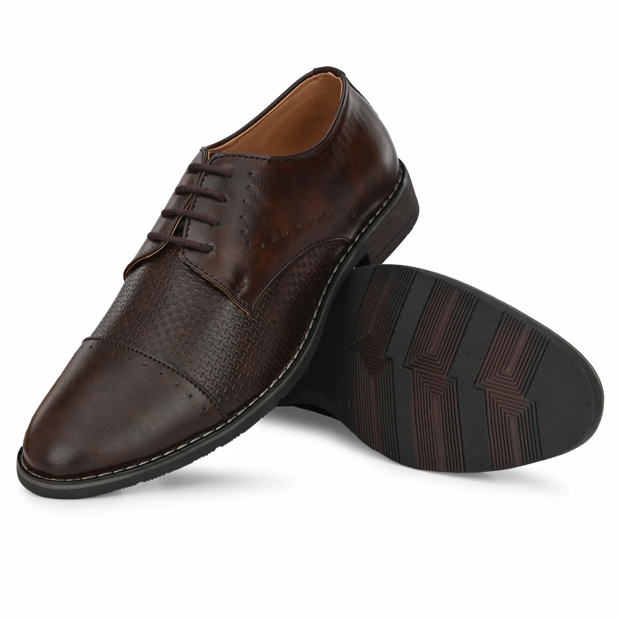 Attitudist Unisex Handcrafted Derby Matte Brown Formal Lace-up Shoes With Cap Toe And Textured Design