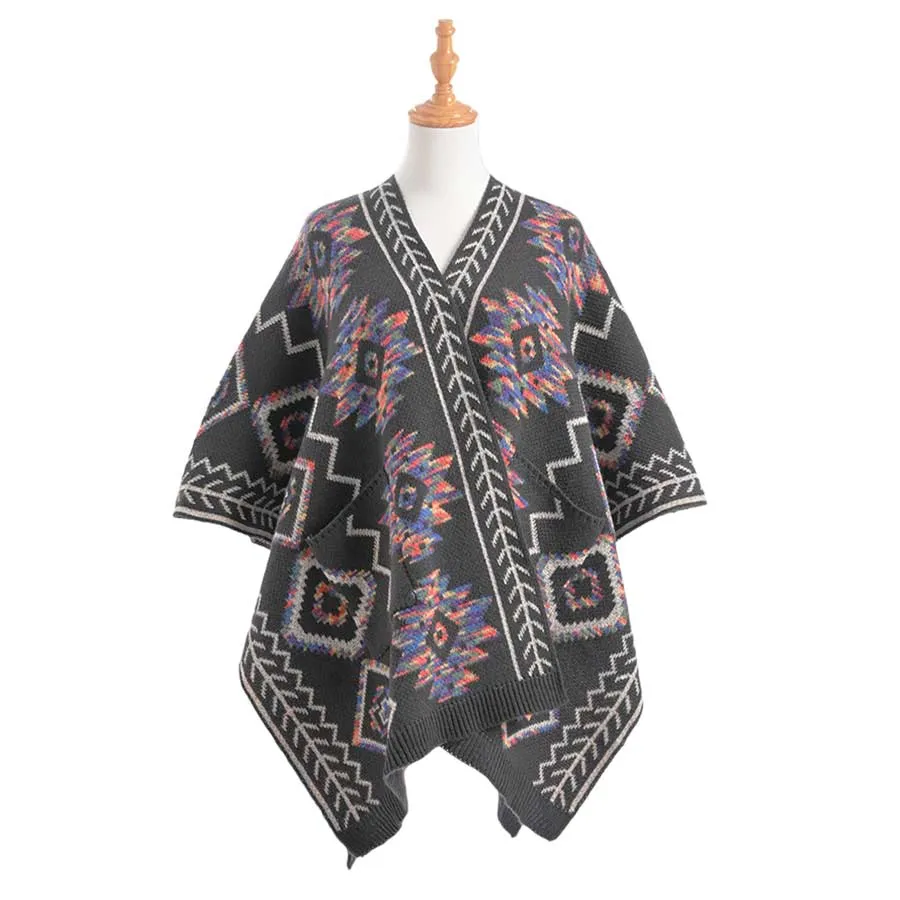 Beautiful Boho Patterned Front Pockets Poncho