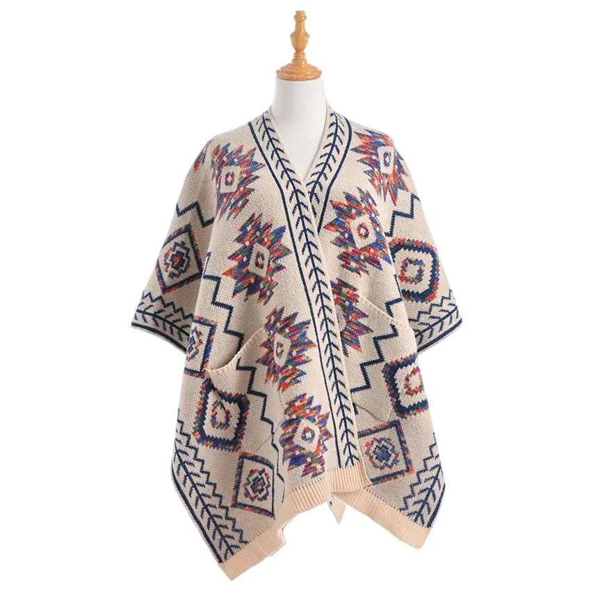 Beautiful Boho Patterned Front Pockets Poncho