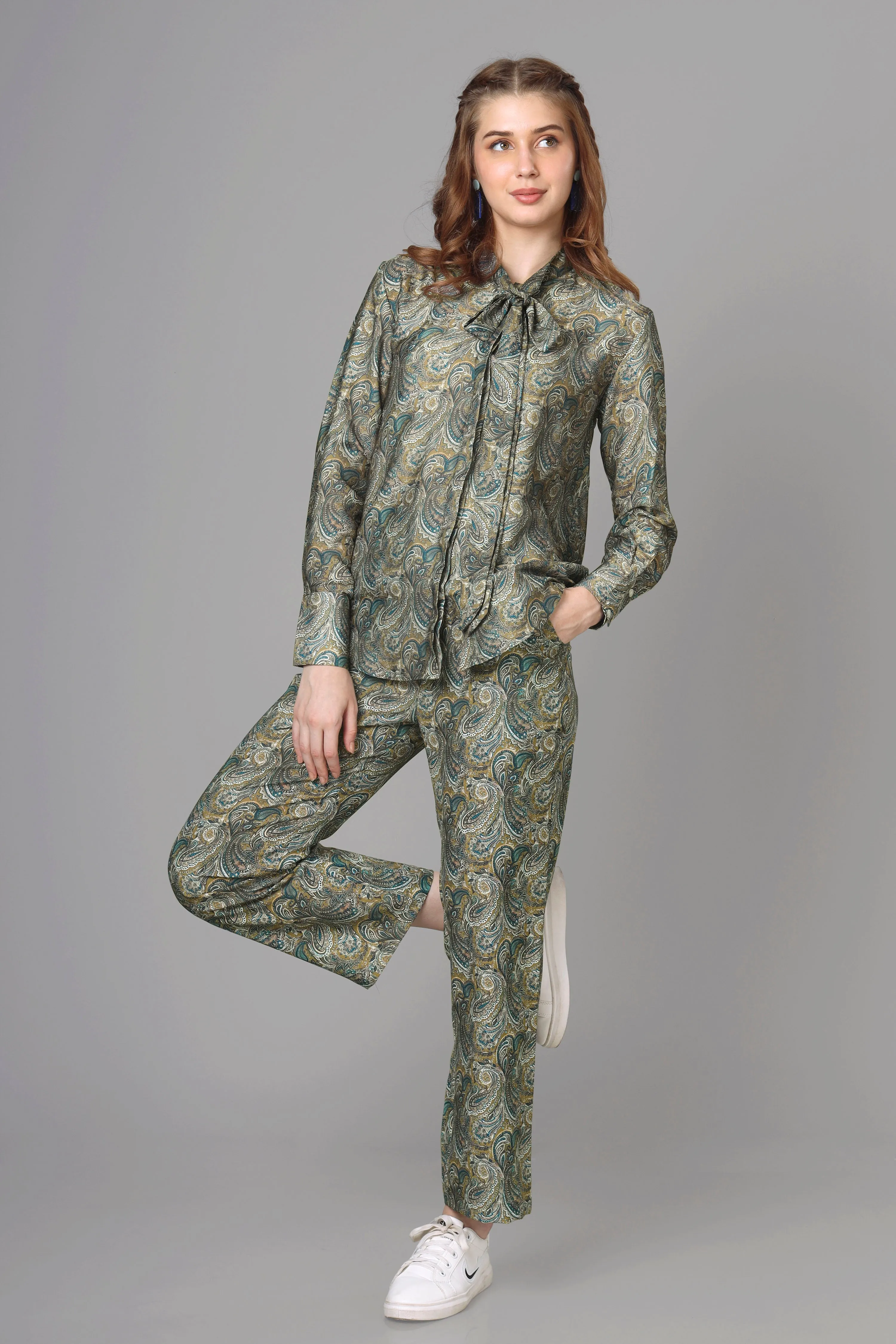 Bestselling Paisley Tie-Up Neck Co-Ord Set For Women