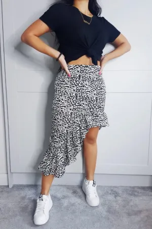 Billie Black and White Leopard Print Frill Midi Skirt