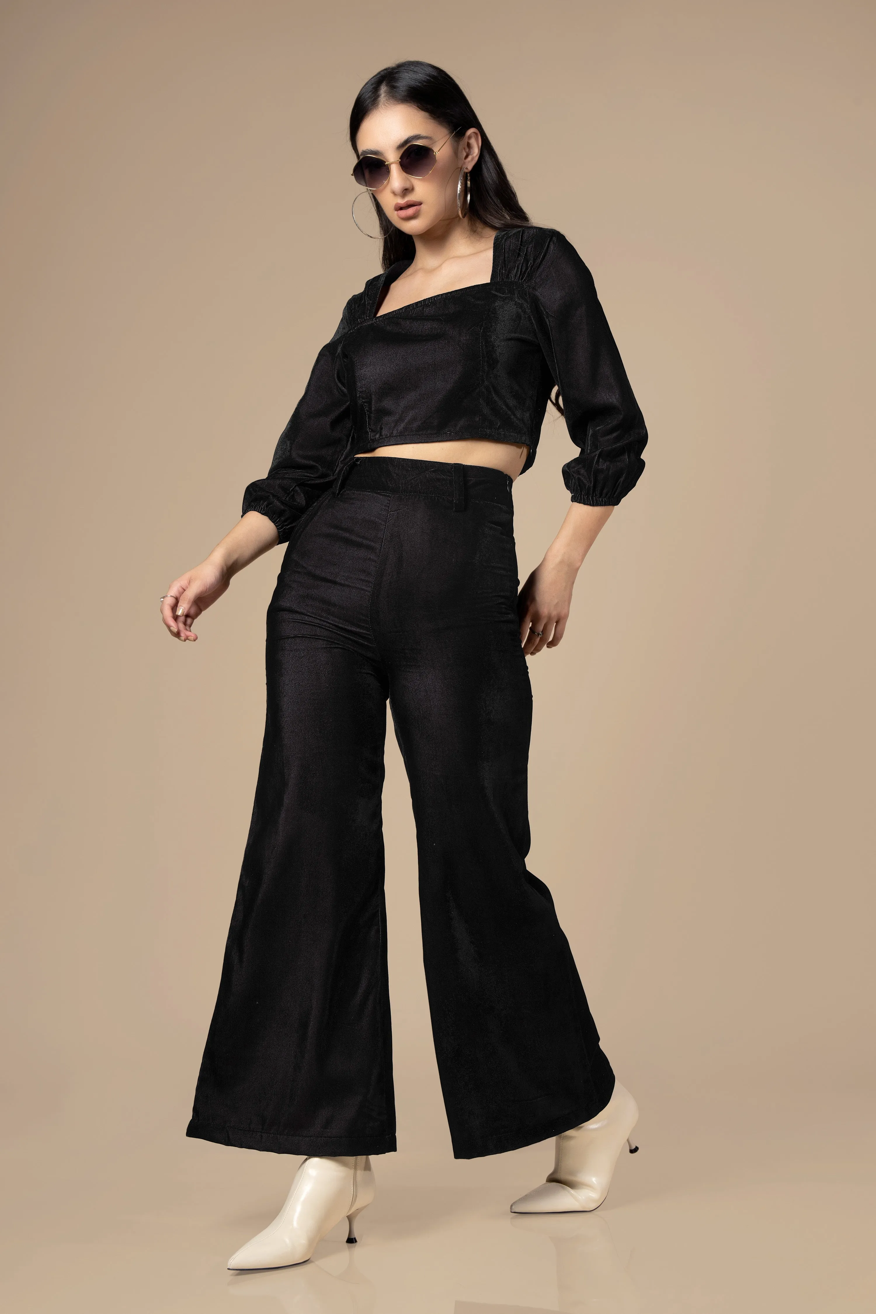 Black Square Neck Velvet Co-Ord Set For Women