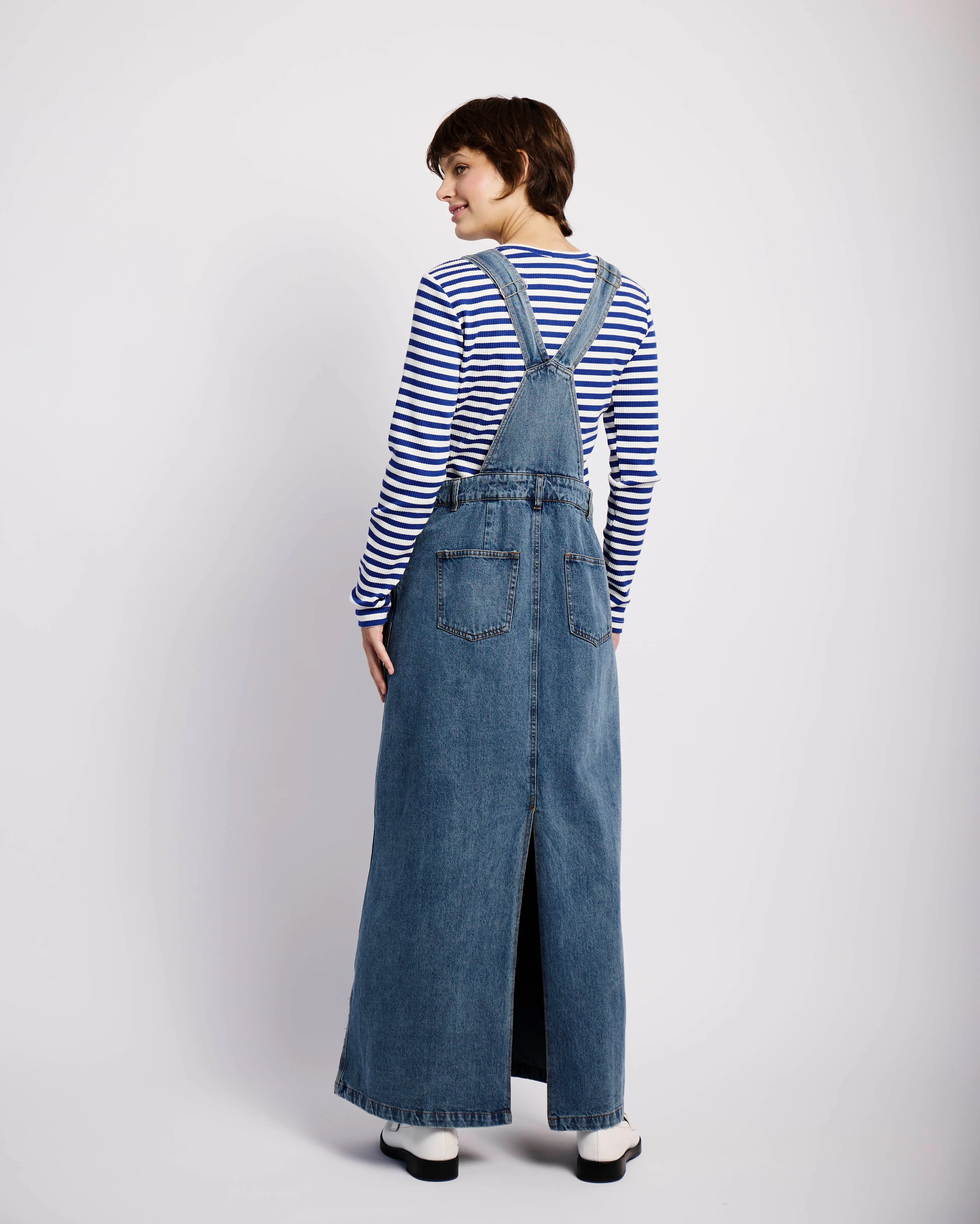 Denim Maxi Dungaree Dress in Denim