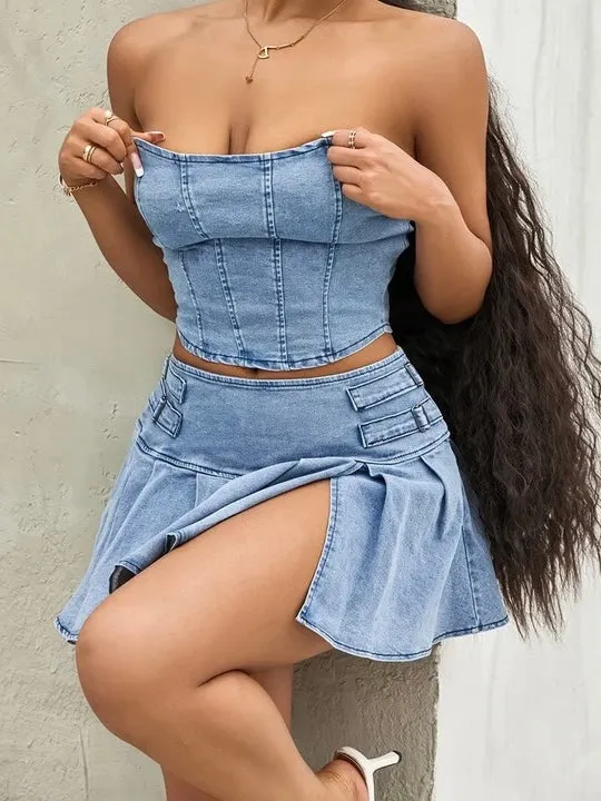 Denim Pleated Skirt