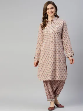 Divena Beige Cotton Shirt Style Kurta Hem Cuffed Pant Co-ord Set