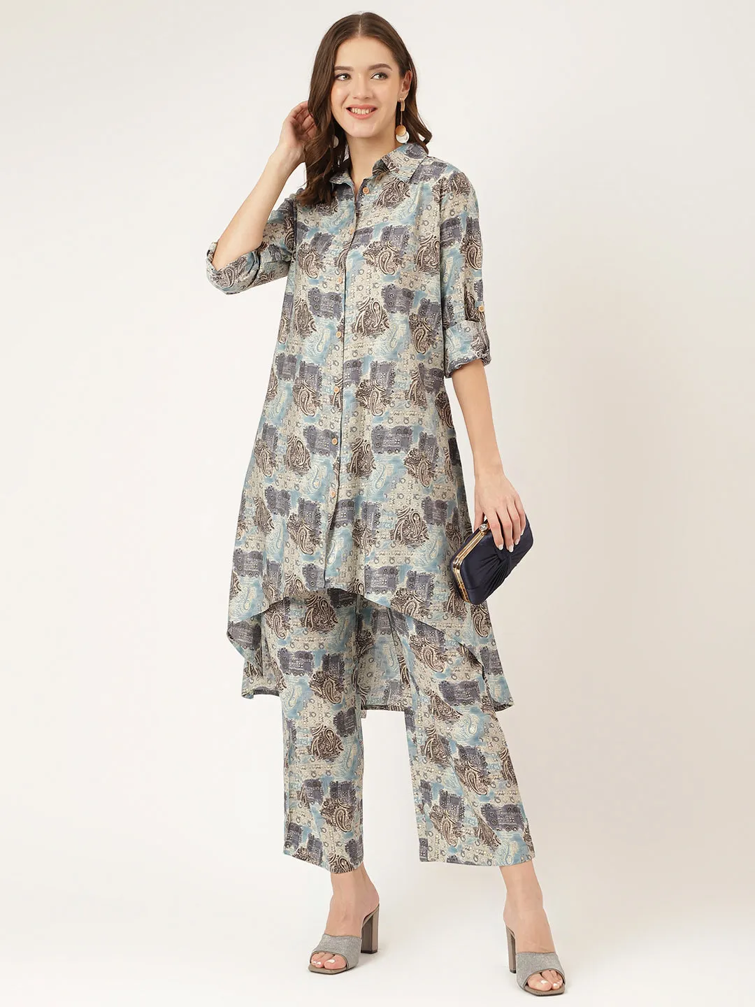 Divena Blue Foil Printed Chanderi Co-ord Set