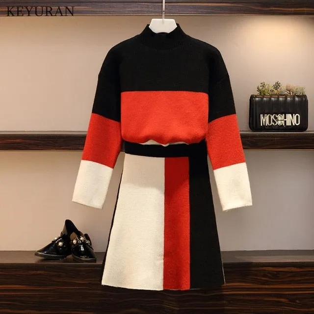 Elegant Chic Color Block Pullover Skirt Set