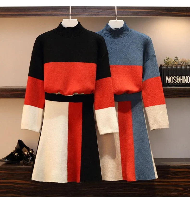 Elegant Chic Color Block Pullover Skirt Set