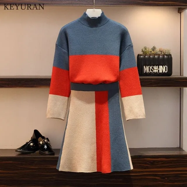 Elegant Chic Color Block Pullover Skirt Set