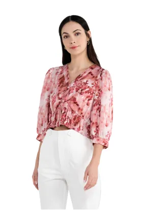 ELLE Apparel Floral V Neck Button Half Sleeves Top