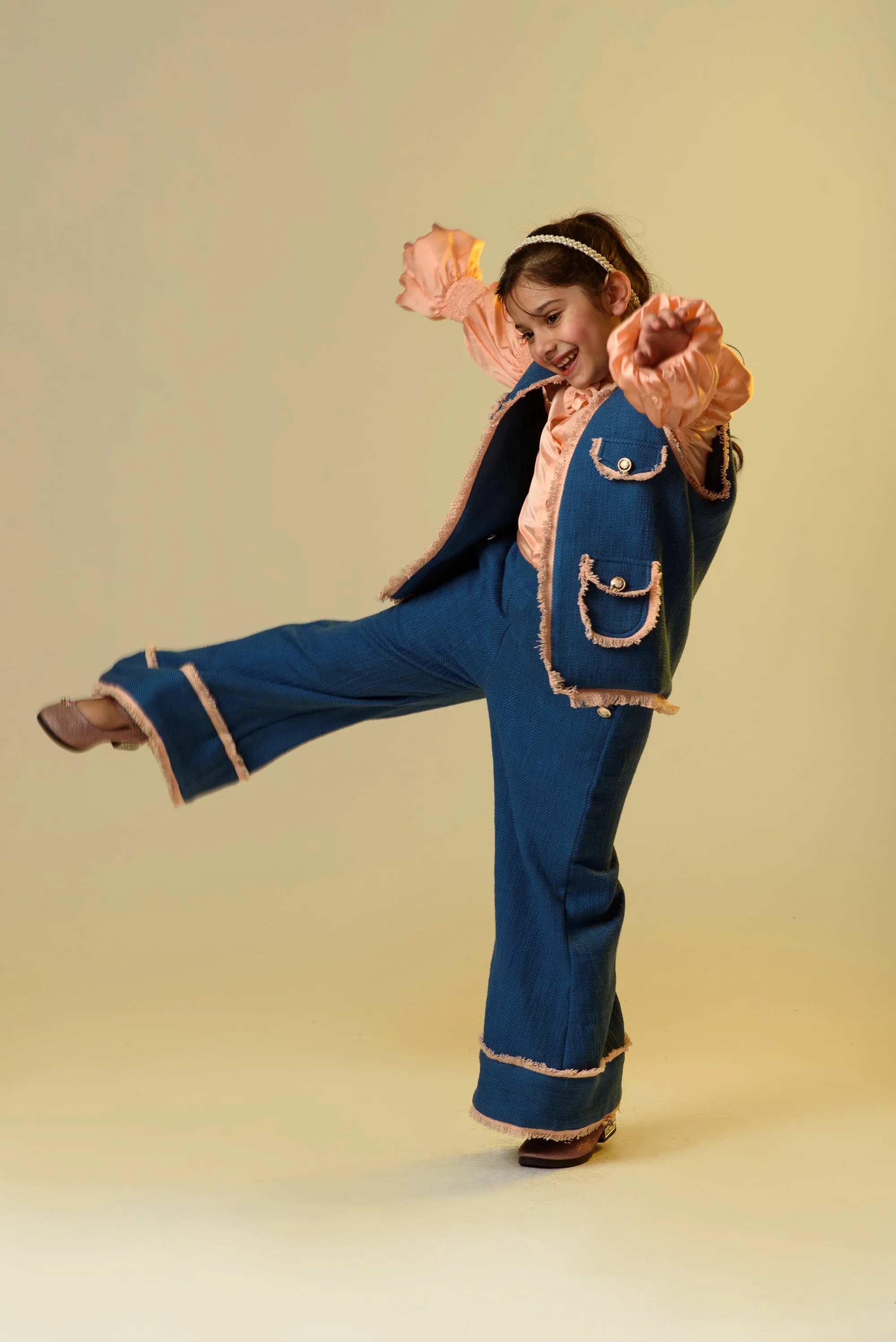 Evening Ebb- Cotton Slub Flared Trousers & Jacket With German Satin Shirt For Girls