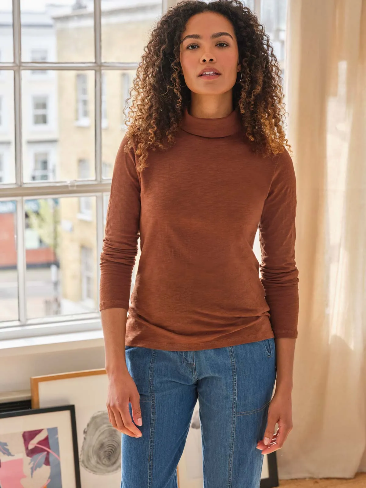 Organic Fairtrade Cotton Polo Neck Top – Chestnut Brown - Sustainable, Eco-Friendly, Stylish Wear