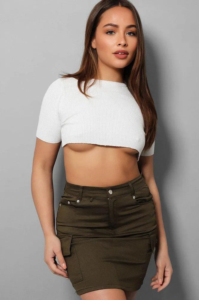 Khaki Stretchy Denim Utility Pockets Mini Skirt