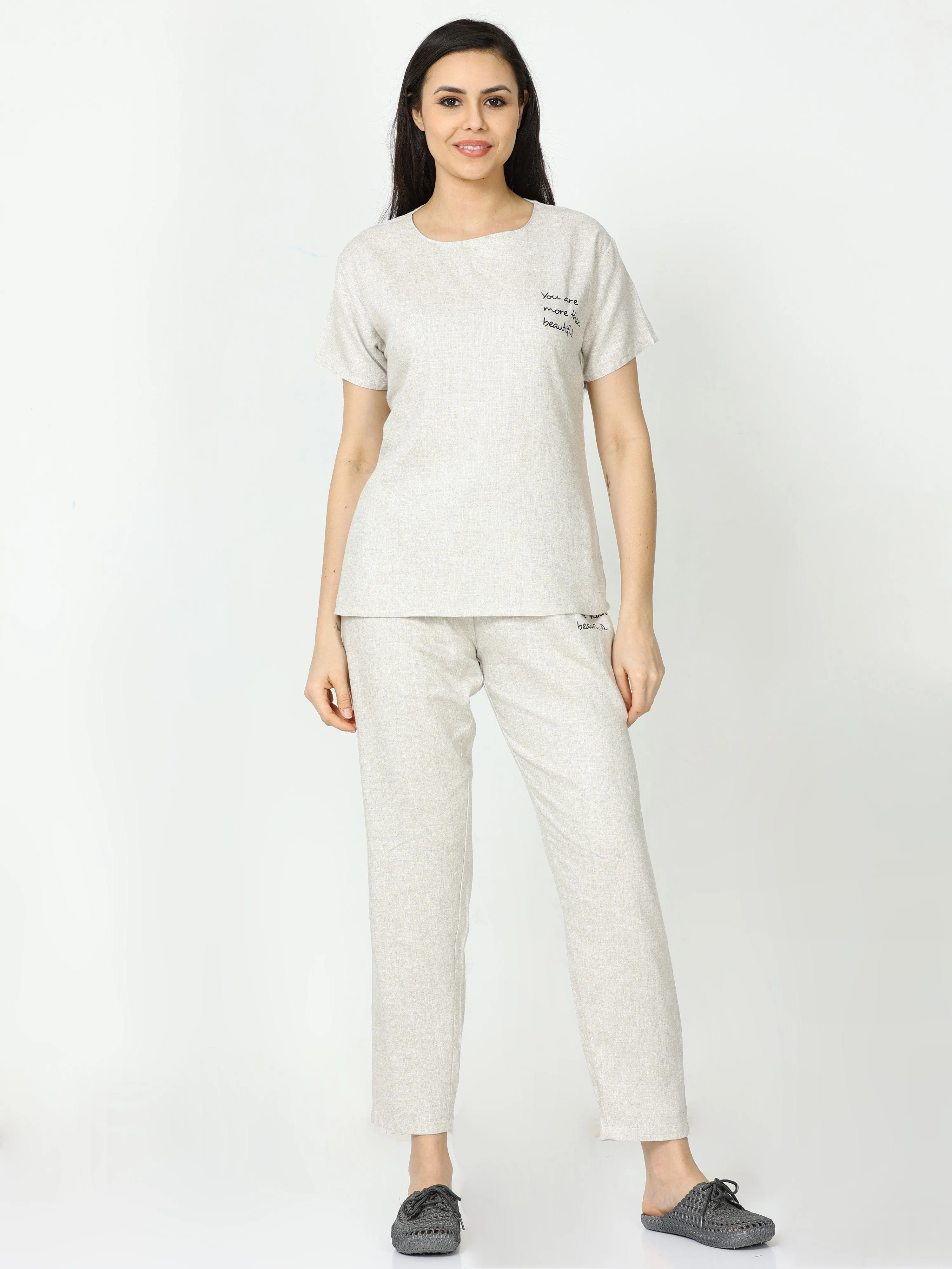 Linen Round Neck Co-ord Sets Beige