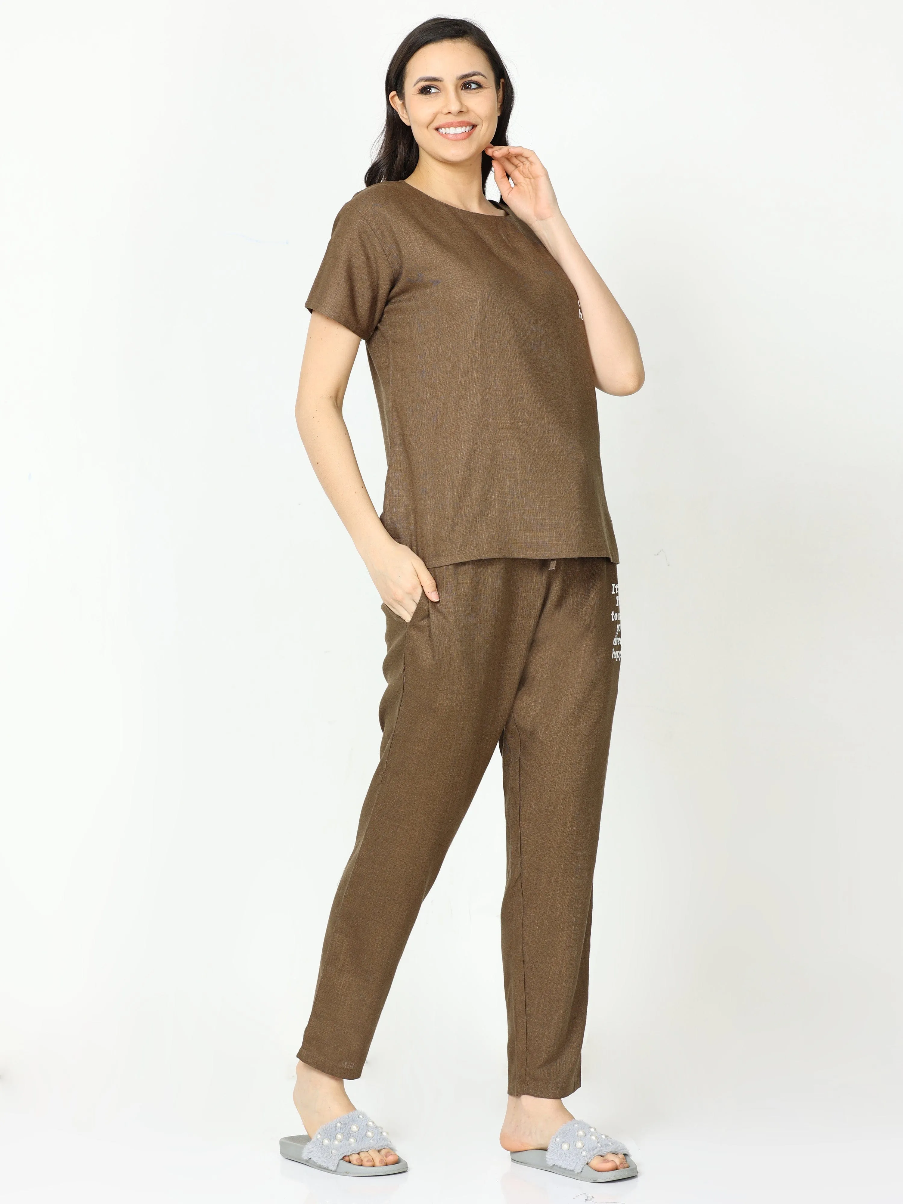 Linen Round Neck Co-ord Sets Olive Green