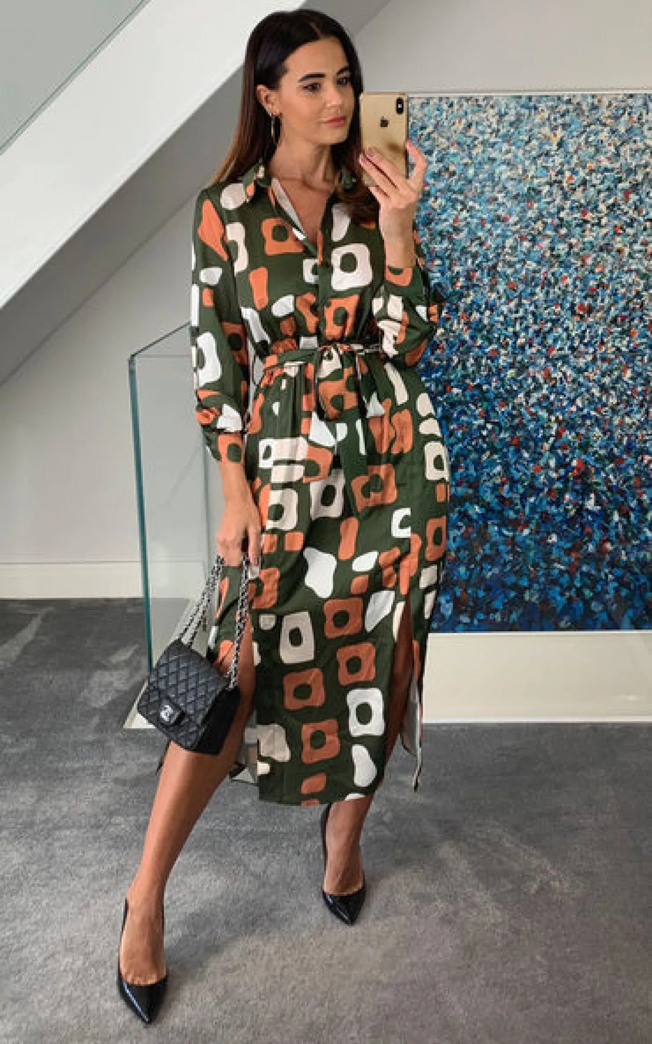 Love And Joy London Sonia Midi Shirt Dress In Green Multi