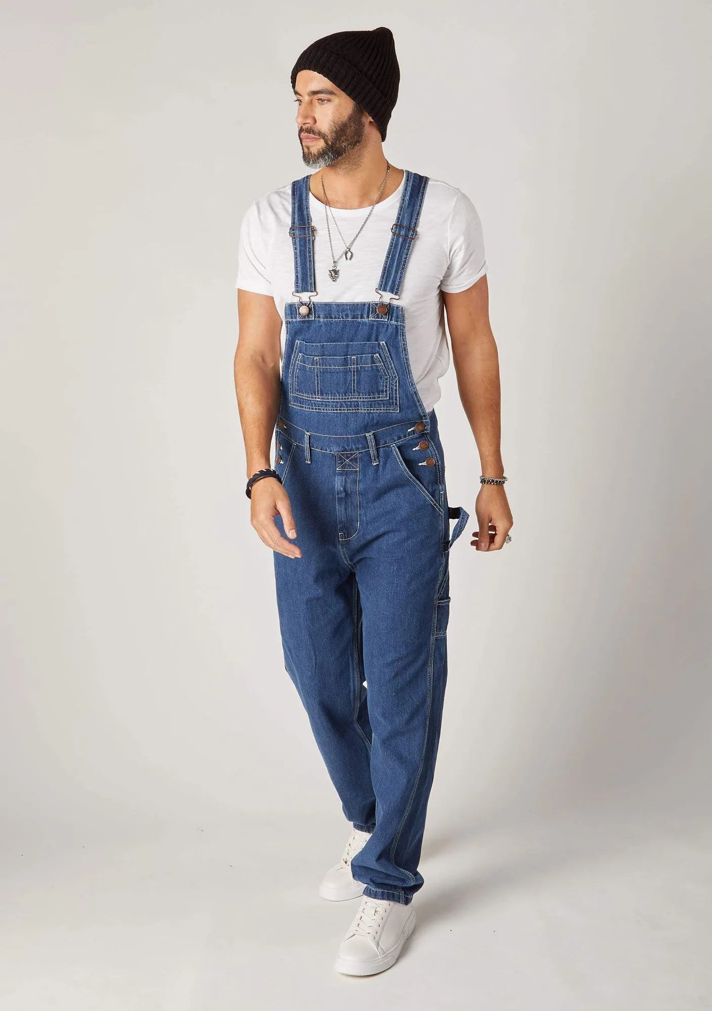 MADDOX Mens Relaxed Fit Denim Dungarees - Stonewash