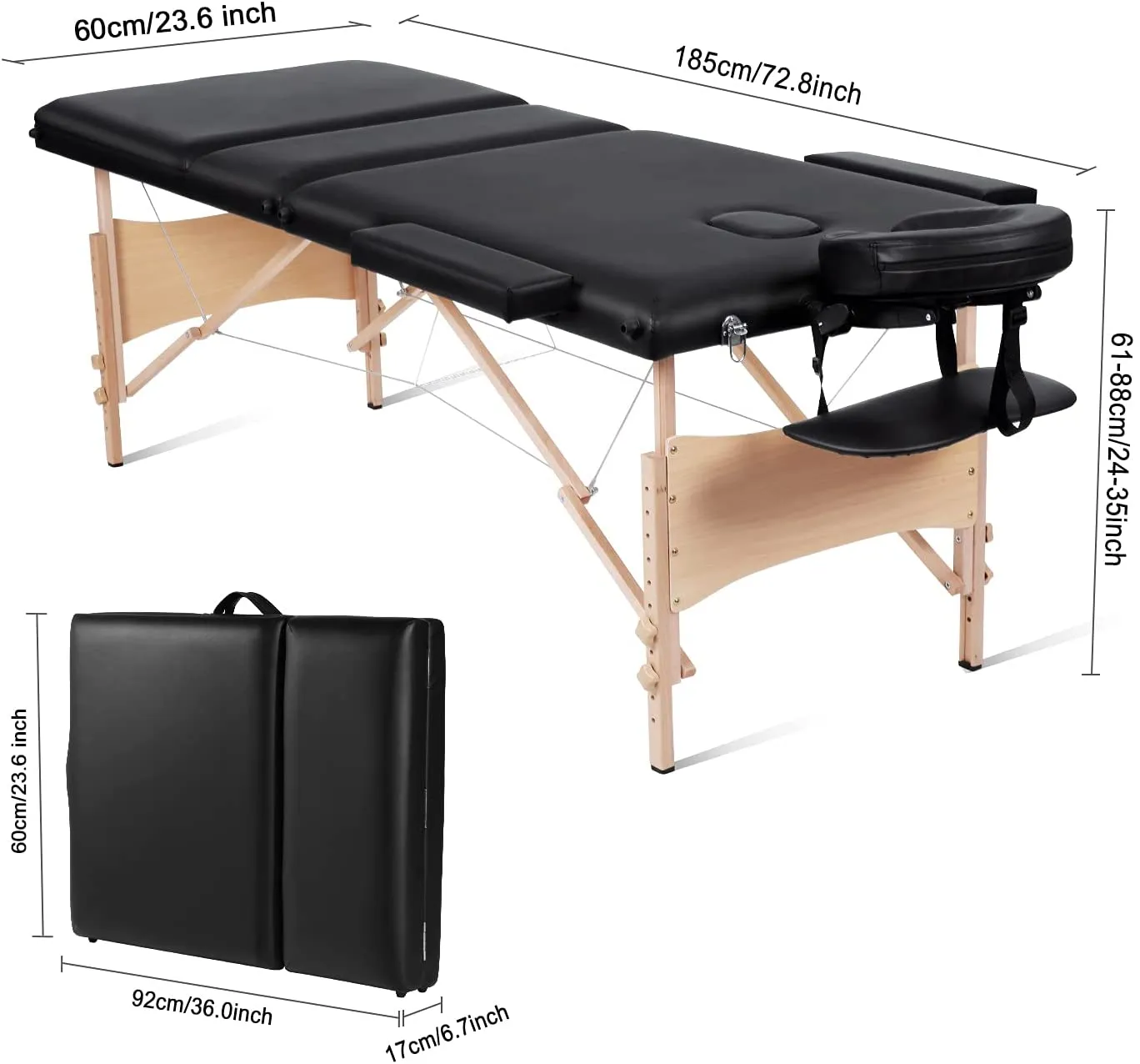 Massage Table Massage Bed Lash Bed Professional 84 Portable Facial Bed SPA Bed Treatment Table 3 Fold Height Adjustable with Carrying Bag(Black)